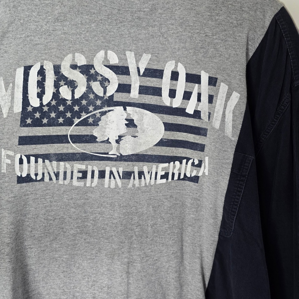 Upcycled grey‎ Mossy Oak t-shirt navy corduroy shirt OS